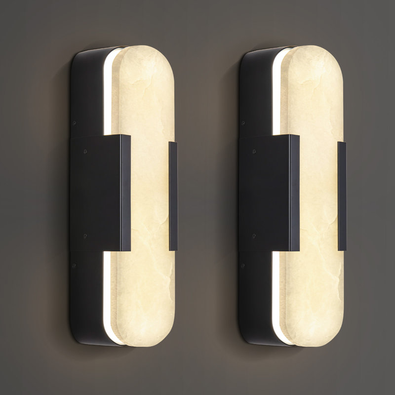 2-Light Wall Mounted Sconce with Alabaster Shade (Bulbs Included), 19.7" H x 4.8" W x 3.4" D, Matte Black, Yes