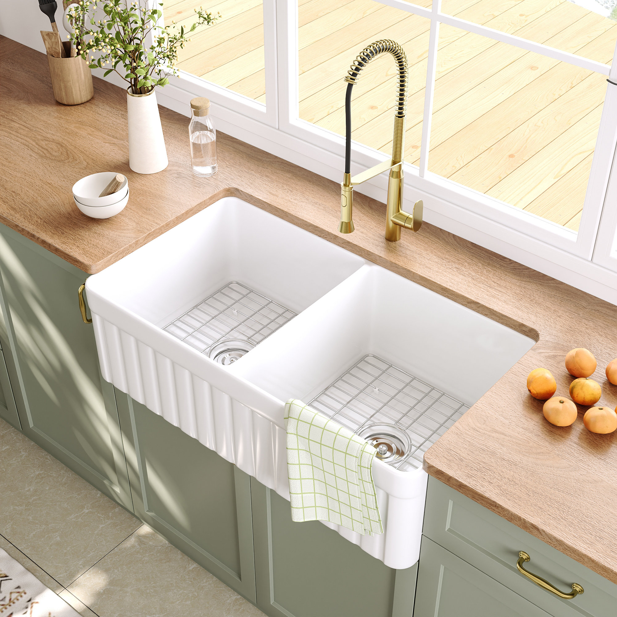 Double Bowl Fireclay Farmhouse Kitchen Sink