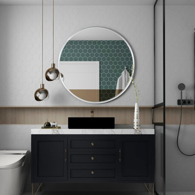 Miroir mural rond 32 pouces argent pour salle de bain contemporaine - Verre HD, conception incassable, livré avec un grand diamètre de vis dans le cadre, pas de manuel