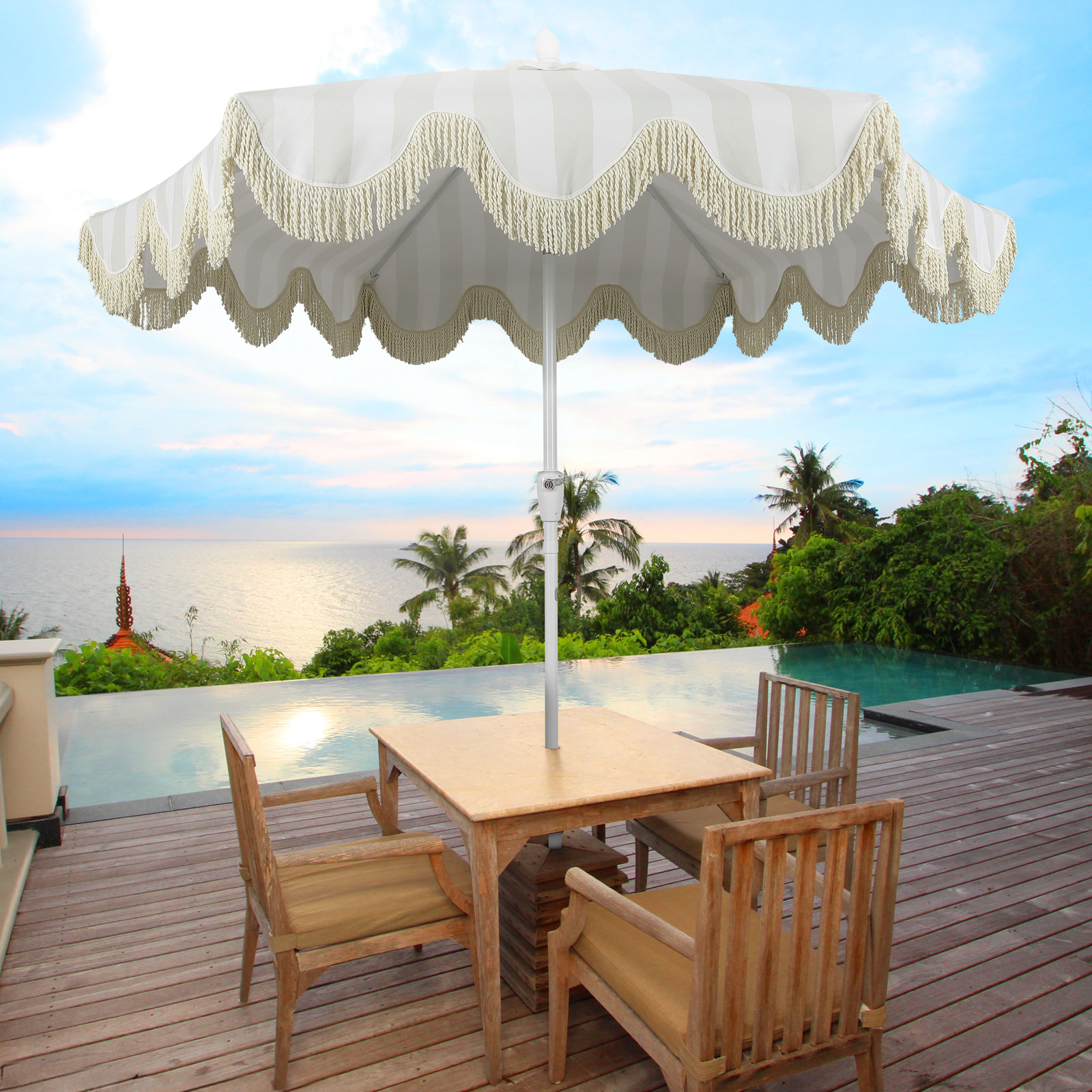 Teretha 9' Market Umbrella, Light Gray/White/Cream Striped, White