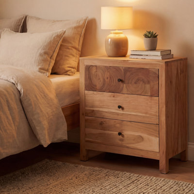 Solid Acacia Wood Tree Trunk 3-Drawer Nightstand