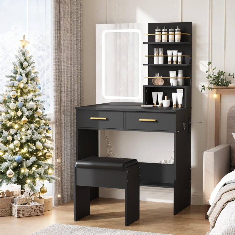 Modern Makeup Vanity Table with LED Lights, Sliding Mirror, 4 Drawers, Stool, Power Outlet, and Open Shelves – Bedroom Dressing Table with Adjustable Lighting