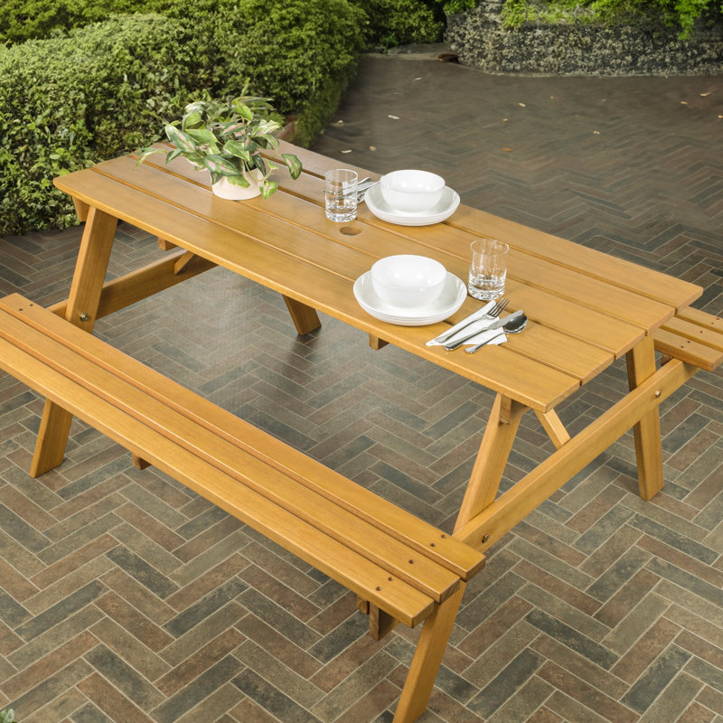Shoreham 59" Classic Eucalyptus Wood Outdoor Picnic Table with Built-In Benches and Umbrella Hole, Teak Brown for Patio and Backyard