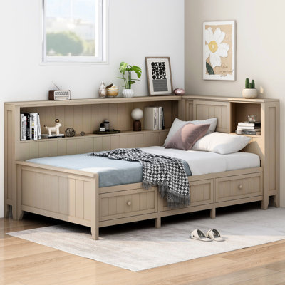 Lit de jour simple style avec 3 tiroirs et rangement, lait blanc antique, espace de rangement en bois sans sommier, tiroirs, blanc, fabrication,