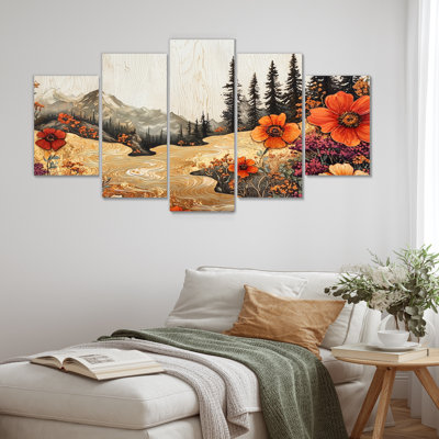 Fleurs sauvages sur une rivière en bois, rivière IV - Art mural fleurs sauvages - décoration murale traditionnelle 5 pièces