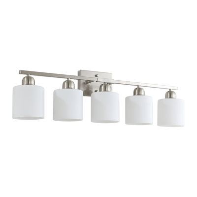 Gold Bathroom Light Fixtures, 5-Light Modern Vanity Light Over Mirror, Wall Sconces with Milky White Frosted Glass Shades, E26 Socket (Bulbs Not Included)