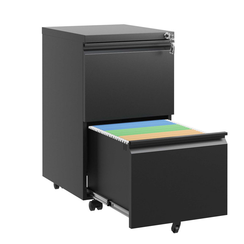 2 Drawer Mobile File Cabinet with Lock and Removable Hanging File Bar, Fully Assembled Except Wheels, Black