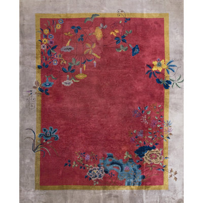 Antique Chinese Art Deco Floral Hand Knotted Pile Rug