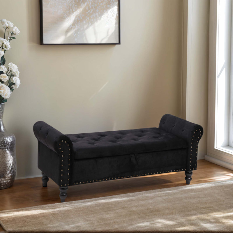 Banc de rangement en tissu, Velours, Noir