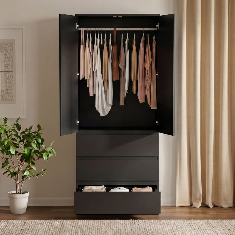 Modern 2 Door 3 Drawer Mirrored Wardrobe for Bedroom Storage & Organisation, Black