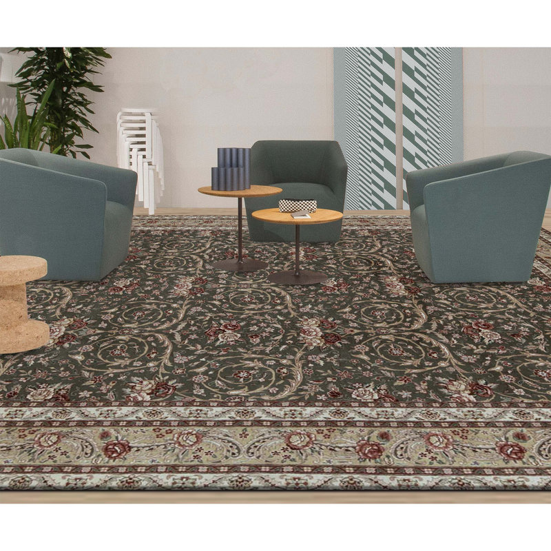 Tapis vert olive et doré noué à la main de haute qualité