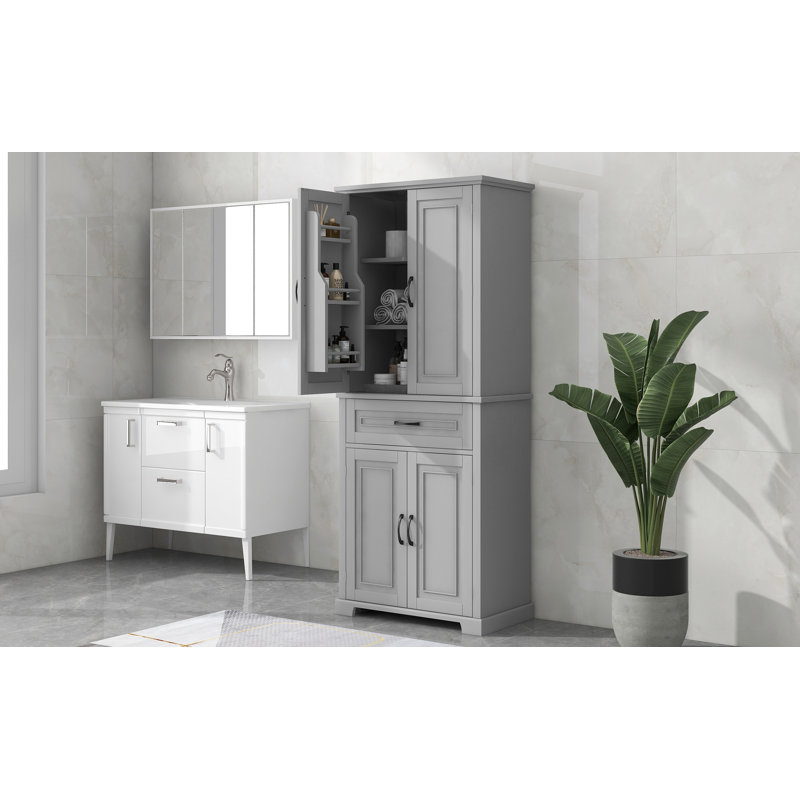 Armoire de rangement pour salle de bain avec portes et tiroir, plusieurs espaces de rangement, tablette réglable, gris, Gris