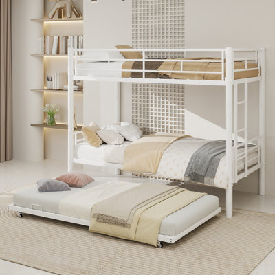  Lit superposé simple avec lit gigogne pour enfants et adolescents, structure de lit en métal robuste, lit superposé triple avec barrière de sécurité côté blanc