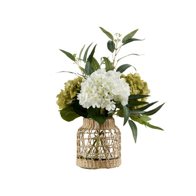 Hydrangeas and Eucalyptus in Jute Wrapped Glass Vase