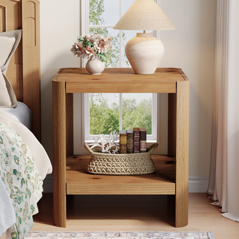 Solid Wood End Table, 2-Tier Rustic Side Table, Natural Wood