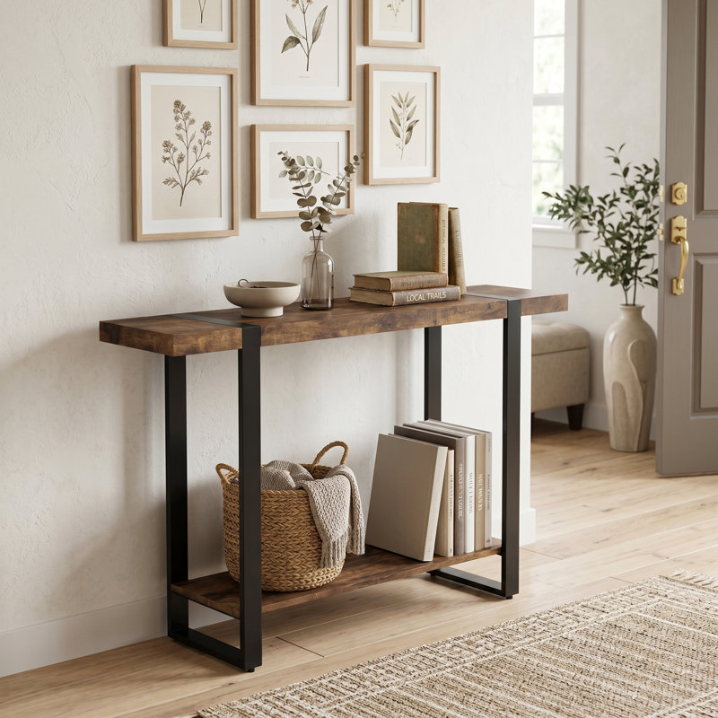 2-Layer Entryway Table, Console Tables For Entryway, Use As Doorway Table, Sofa Table, Or Accent Furniture For Decorating Foyer 47 In Brown Reclaimed Wood Look Black Metal