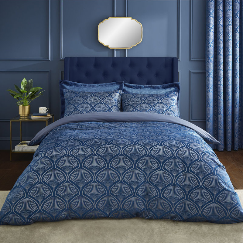 Art Deco Pearl Duvet Cover Set with Pillowcases with Pillowcases, Navy Blue, Super King - 2 Standard Pillowcases