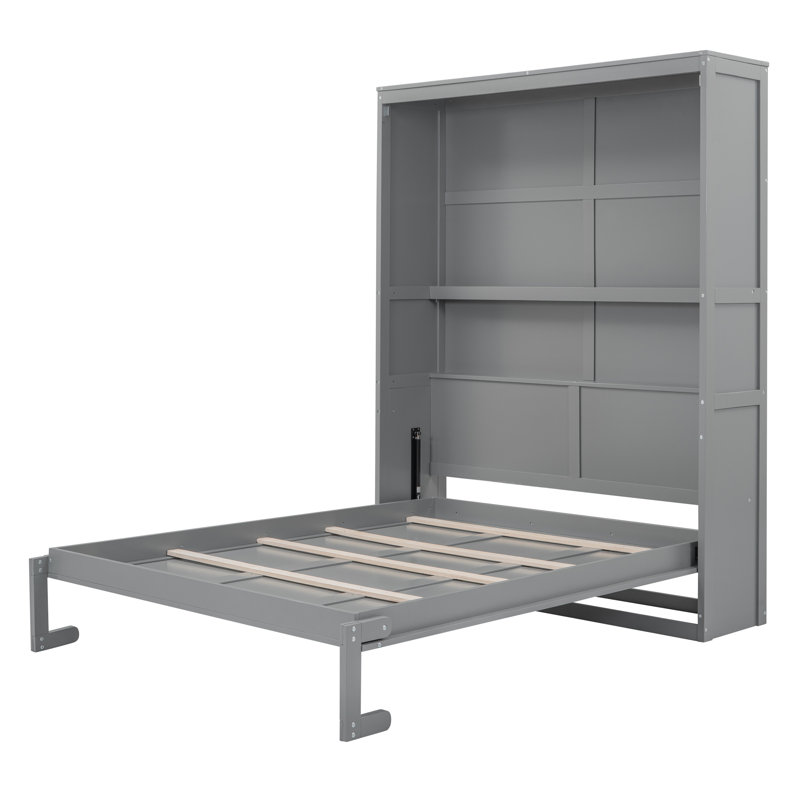  Grand lit escamotable avec tablettes murales, lit pliant moderne avec rangement, structure peu encombrante, gris