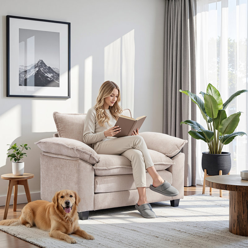 46.45" Wide Chenille Cloud Accent Chair with Ottoman, Oversized Deep Seat Lounge Chair with Pillow, Khaki