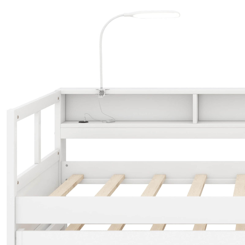 Lit de jour simple TG en bois avec 2 lits gigognes, 3 casiers de rangement et 1 lampe gratuite, Blanc