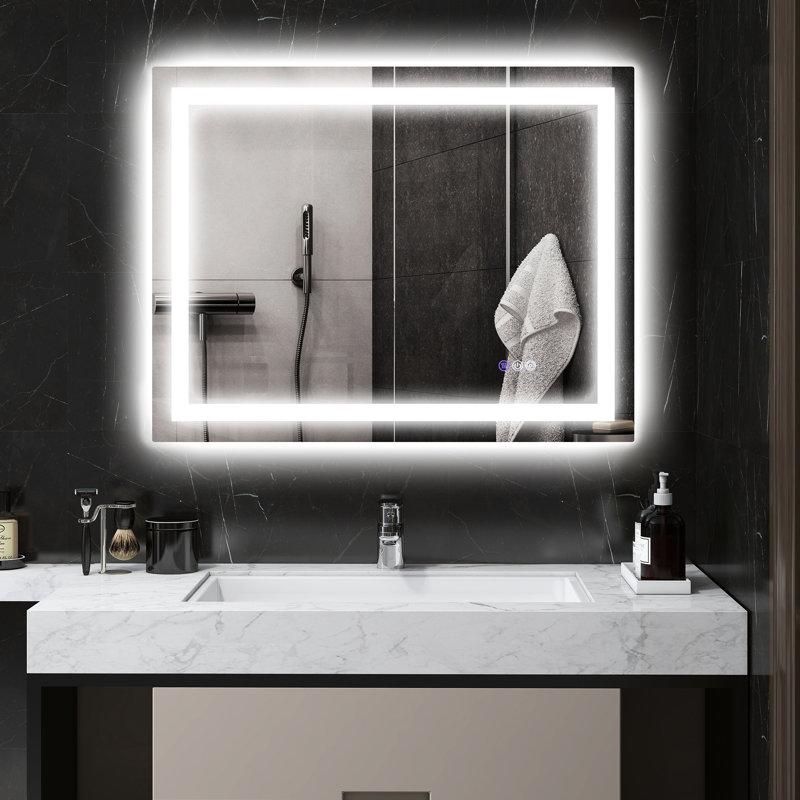 Miroir à DEL 35 po x 28 po pour salle de bain, brouillard, fonction à intensité variable, miroir de salle de bain mural, rétroéclairé et éclairé à l'avant, expérience personnalisable, charme et élégance