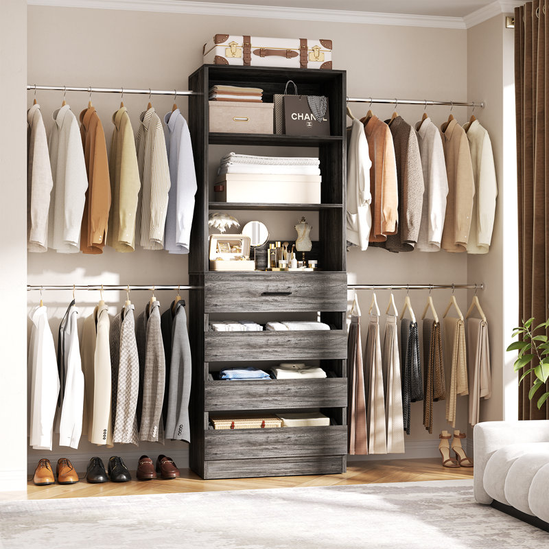74"W To 116"W Adjustable Closet Organizer With 4 Drawers & 4 Rods, Gray