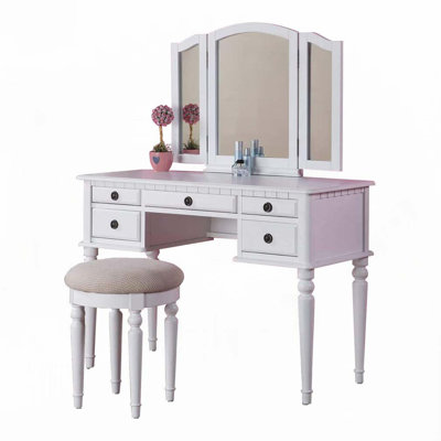 Bedroom Contemporary Vanity Set w Foldable Mirror Stool Drawers White Color
