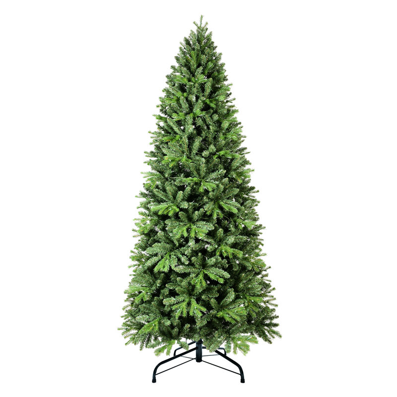 Arbre de Noël de 7 pi, 1375 extrémités de branches texturées, 400 lumières à DEL blanc chaud, matériau + PE, assemblage à charnières, installation simple, arbre de support en métal mettant en vedette des lumières et un assemblage mixte d'aiguilles réalistes