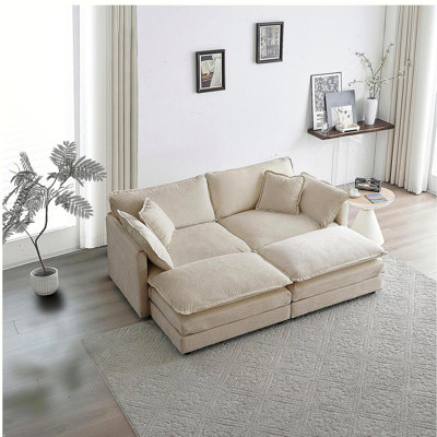 4 - Piece Upholstered Sectional Sofa, 1 - Piece of 2 Seater Sofa and 2- Piece of Ottomans , 2 Seater Loveseat Lounge with Ottomans , Light Coffee Chen