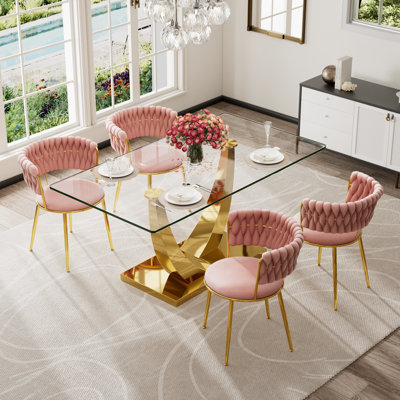 Rectangular Pedestal Dining Set with Modern Weaven Velvet Dininig Chair