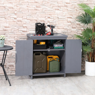 Galvanized Top Garden Tool Storage - Two Shelves, Grey Cabinet For Outdoor Tools Shed With Metal Shelves And Pool Items