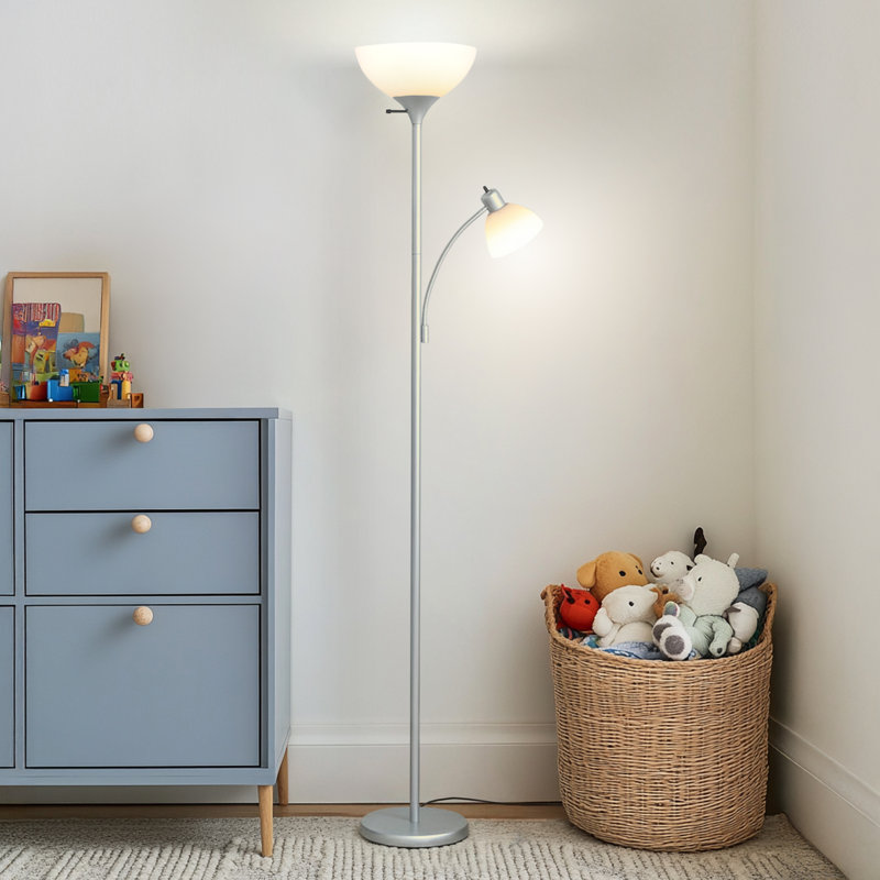 Lampe sur pied DEL industrielle 2 lumières 3 lumières avec 2 abat-jours en plastique Dome Plus, Argent