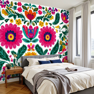 Peel and Stick Wallpaper 96" W x 69" H Modern Self Adhesive Wall Mural for Bedroom Mexican flower Mexican ethnic embroidery decoration ornament Flower
