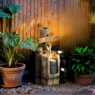 Fontaine d'extérieur à cascade en bois à 3 niveaux avec lumières DEL et pompe Outsunny 22,8 po Outsunny