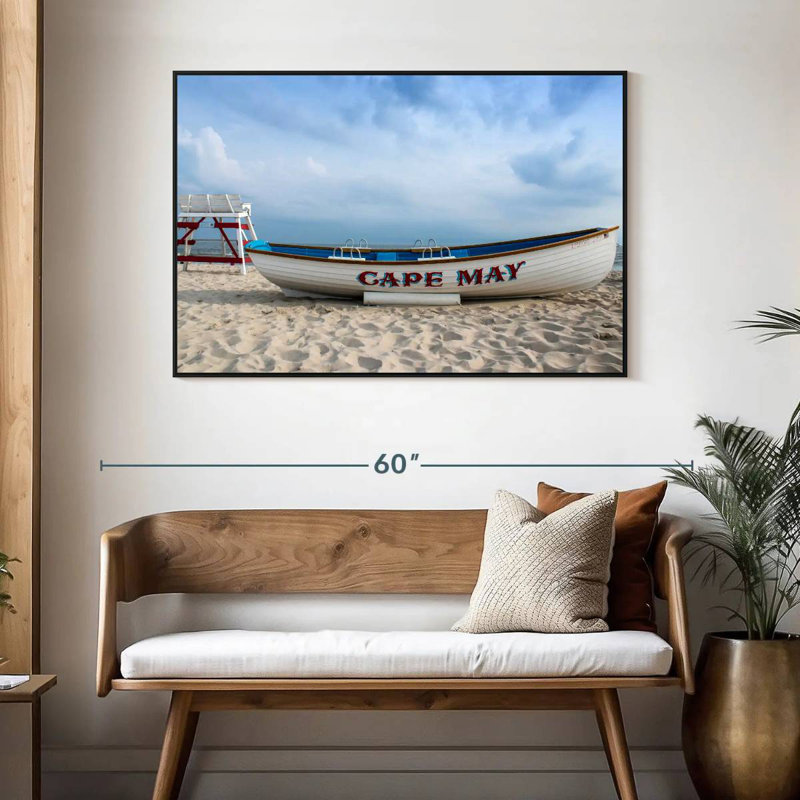 Bateau au cap May, 46 po x 31 po, Cadre flottant noir