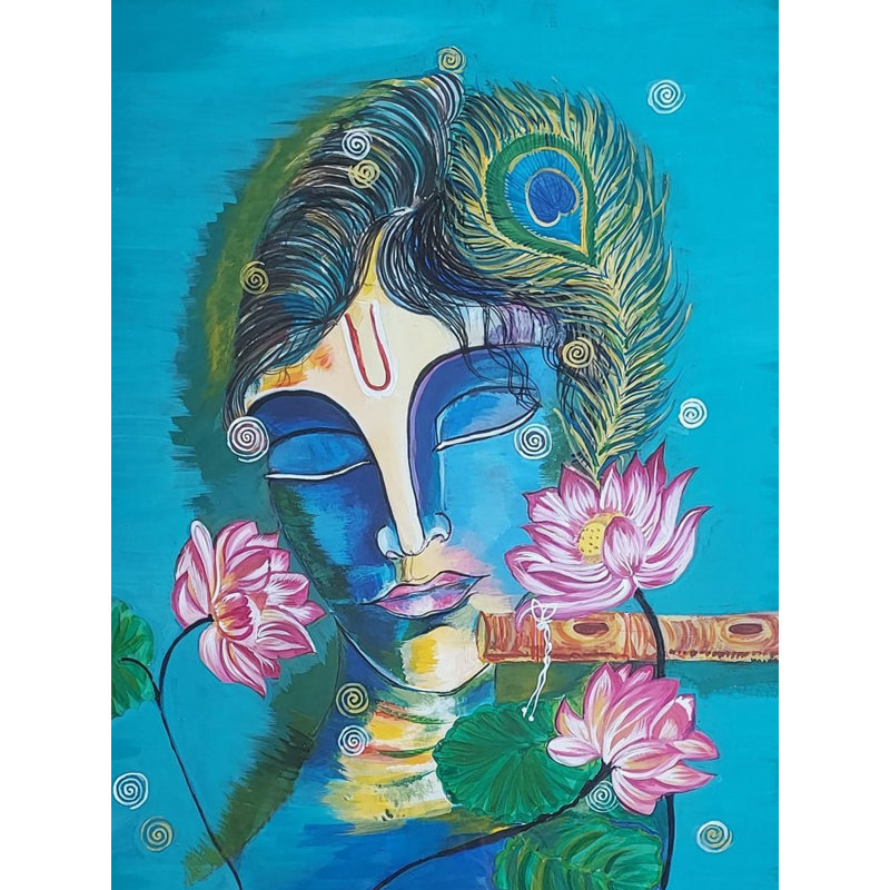 Krishna calme avec lotus | Acrylique sur papier | Par Aditi Junnare