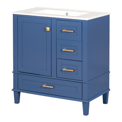 Armoire de salle de bain 30 po bleue - Meuble-lavabo moderne avec lavabo. Structure en bois massif. 3 tiroirs, fermeture silencieuse de la porte. Comptoir en céramique. Armoire de gestion de l'espace. Structure, panneaux. Porte à fermeture silencieuse.