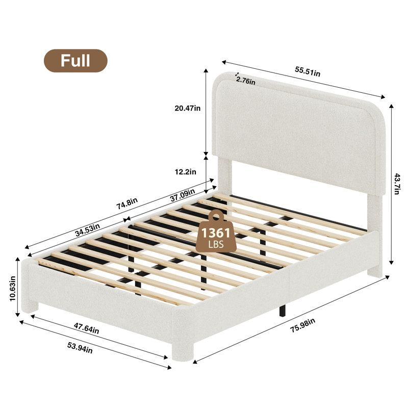 Teddy Fleece Upholstered Platform Bed Frame with Curved Rounded Height‑Adjustable Headboard, Full