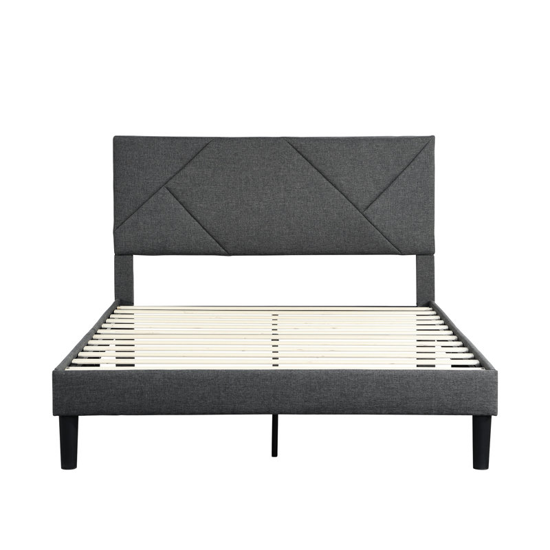 Lit tapissier double moderne avec tête de lit et base de matelas, support en lattes de bois massif, gris, aucun sommier requis, assemblage facile, tête de lit à structure grise, 500 lb