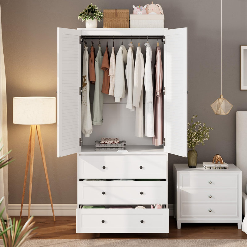 Armoire haute 70 po avec 2 portes à volets et 3 tiroirs, garde-robe en bois avec tringle et poignées dorées, Blanc