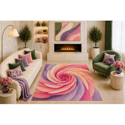 "Ultra Light Weight" 5' x 7' Pink Spiral Flower Area Rug Abstract Petal Swirl Art Peach Lavender for Living Room Bedroom Girls Room Nursery Non-Slip Silicone Backing Low Pile