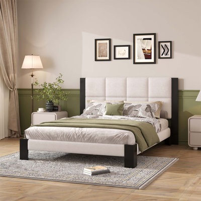 Cadre de lit très grand Boucle Cal avec tête de lit carrée, beige et noir, élégant et durable