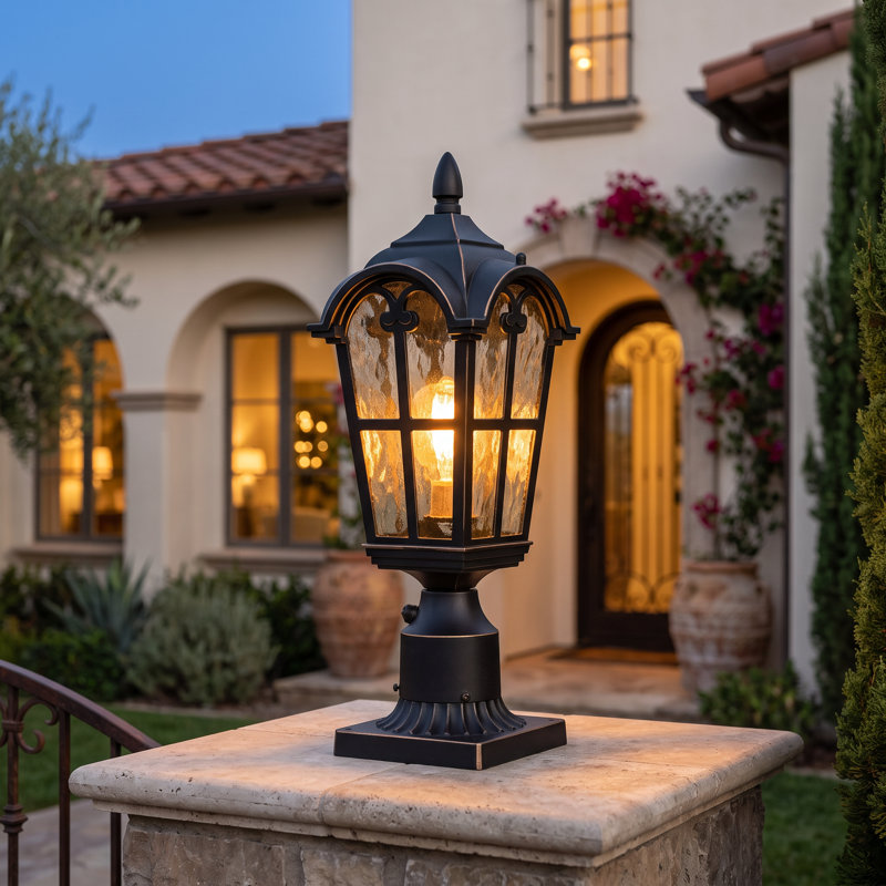 Lanterne de poteau d'extérieur Dusk To Dawn, lampadaire extérieur en verre Water Ripple, base E26, noir