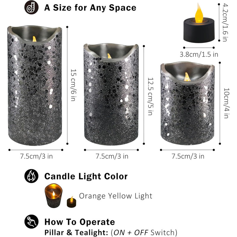 6-Pack Black Glitter Real Wax LED Candles - 3 Pillars + 3 Tealights, 5/19 Timer, Battery-Included, Ideal for Home Décor