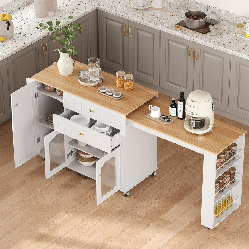 Îlot de cuisine 78,3 po avec 2 tabourets - table extensible, armoire, tiroirs, tablettes, chariot mobile blanc, Blanc