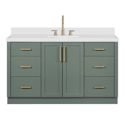 Meuble-lavabo ovale simple de 61 pouces avec comptoir en quartz blanc pur de 1,5 pouce, couleur vert vintage