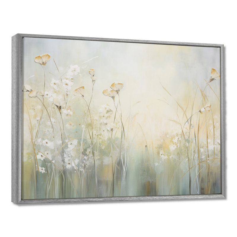 «Green Beige Serene Meadows I», reproduction d'art sur toile, H 16 po x l 32 po x P 1 po, Encadrement argenté
