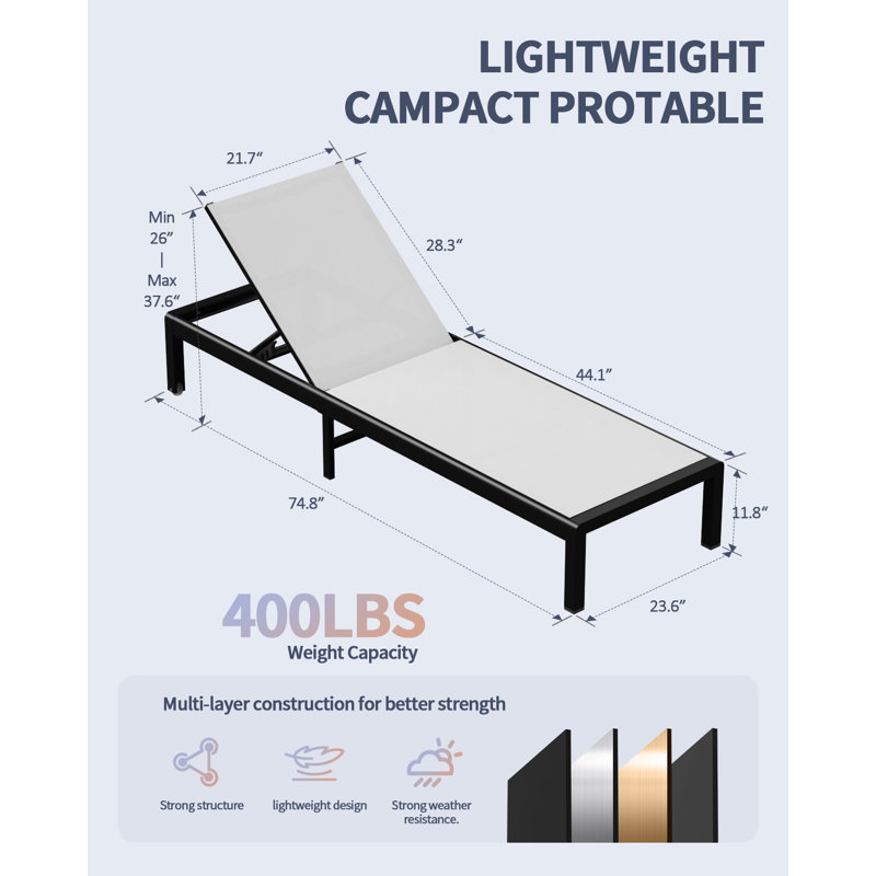 Aluminum Chaise Lounge Chair Outdoor with Wheels,Adjustable 5-Position Recliner and Full Flat Tanning Chair for Patio,Beach,Pool