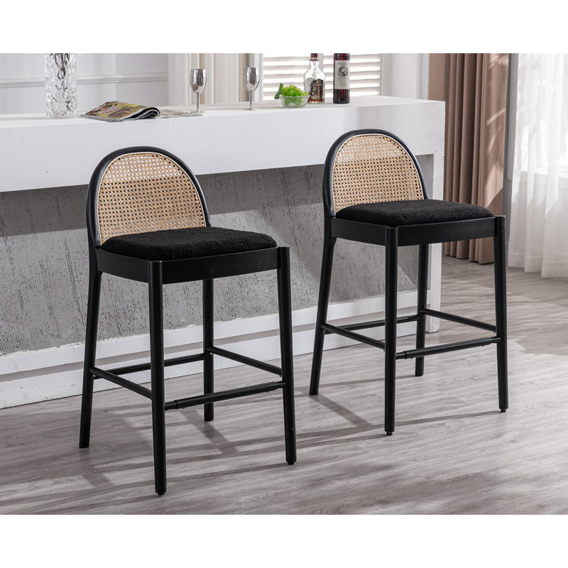 Emington Modern Stools with Rattan Backrests and Wood Frame, Bar Stool (30” Seat Height), Black