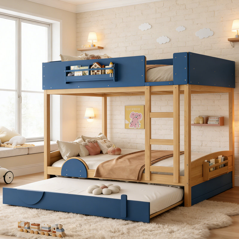 Lit superposé au-dessus d'un grand lit bleu marine et bois naturel avec lit gigogne simple TG et échelle intégrée, Queen